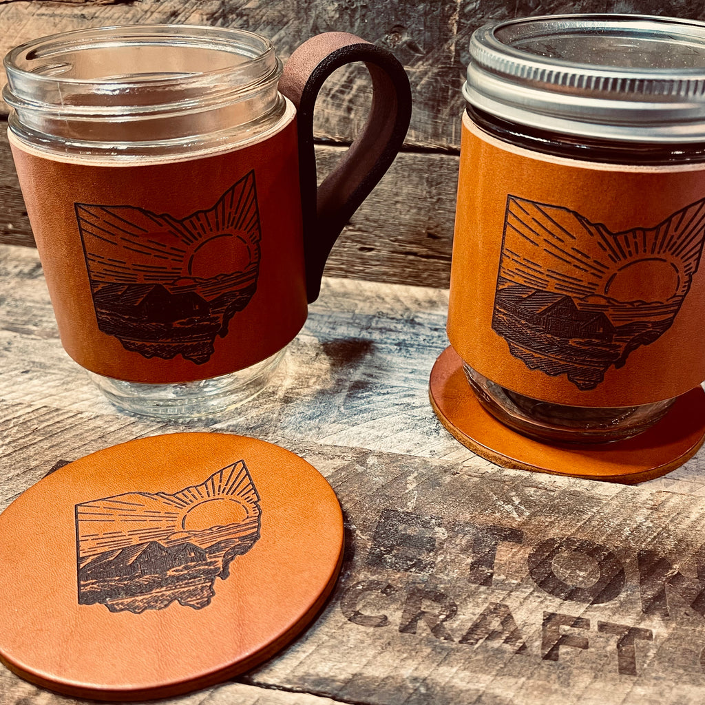 Handmade Ohio Leather Mason Jar Mug & Coaster Set - Mapleton Road